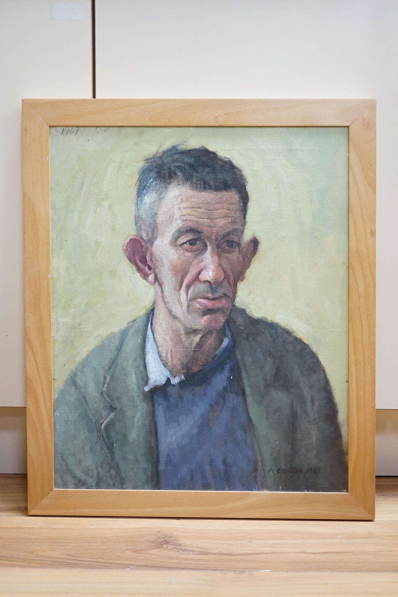 Arthur Frederick Easton ROI (1939-2024), oil on canvas, Head and shoulders portrait of a man, signed and inscribed ‘’Bill’’, dated 1969, 54 x 44cm. Condition - good